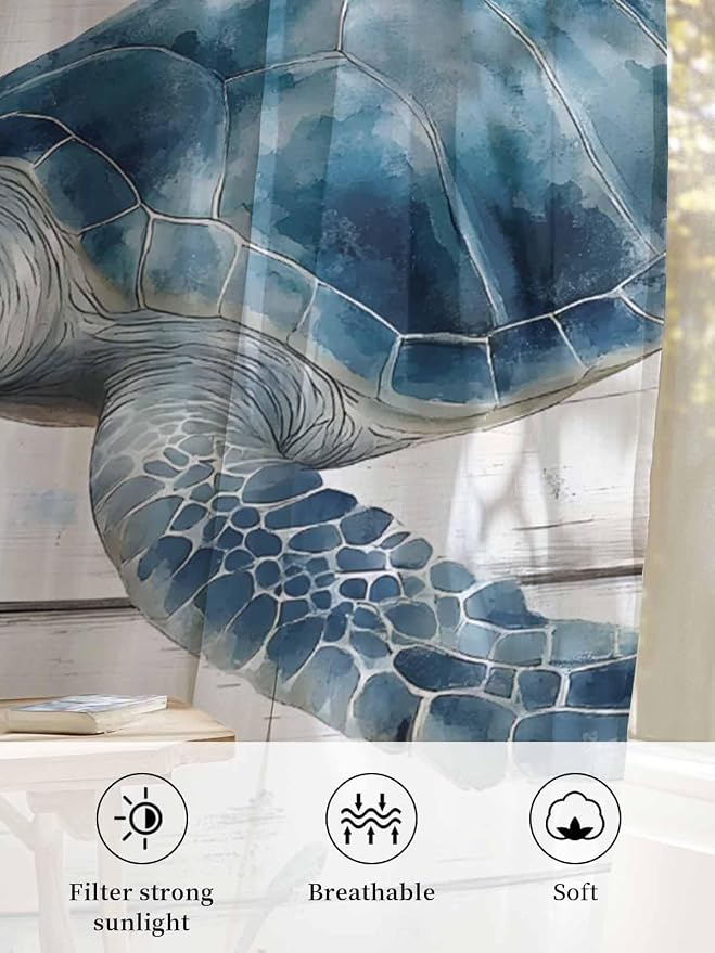 Sheer Curtains 45 Inch Length, Ocean Sea Turtle Semi Sheer Curtains Light - Image 6