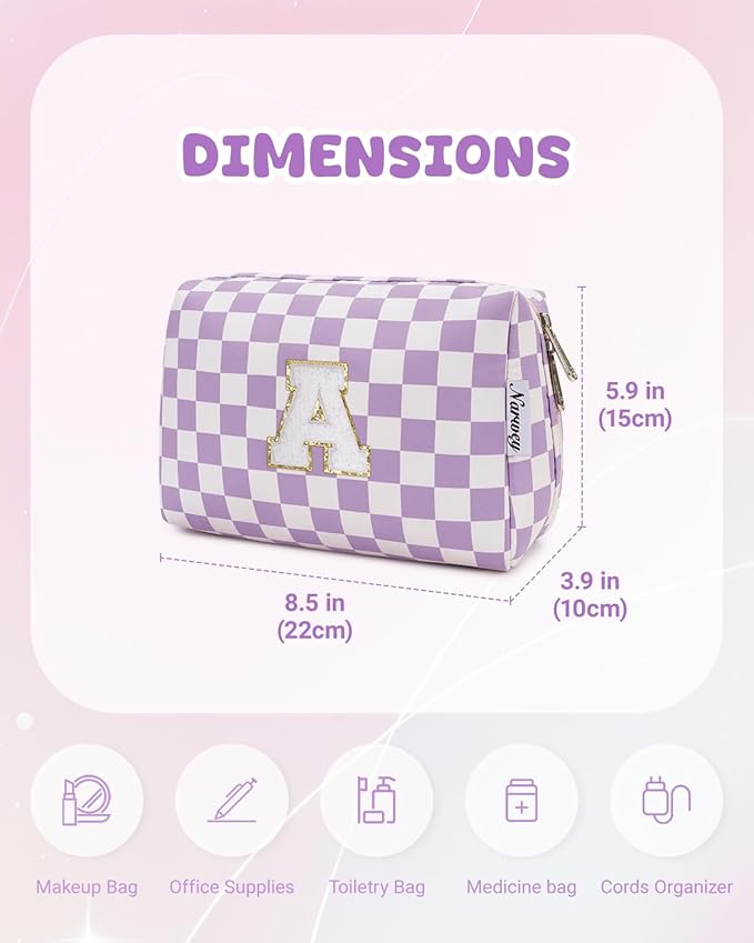 Narwey Christmas Gift for Women Girls, Initial Makeup Bag for Bridesmaid Teacher Sister Friend Graduation Gifts, Personalized Monogram Cosmetic Toiletry Bag, Teen Girls Trendy Stuff (Purple A)