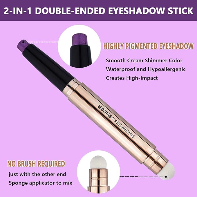 Purple Eyeshadow Stick for Eye Makeup, Cream Smooth Shimmer Glitter Eyeshadow Pencil, Hypoallergenic Waterproof Long Lasting Eye Shadow Highlighter Stick (Purple shimmer 08#)