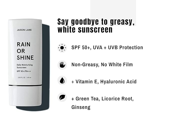 RAIN OR SHINE Anti Aging Face Sunscreen SPF 50 for Clear Skin w/Green Tea, Hyaluronic Acid, Vitamin E Oil, Ginseng Extract, Licorice Root, SPF Moisturizer for Face & Body Cream 2.03 Oz, Unscented, 2Pk