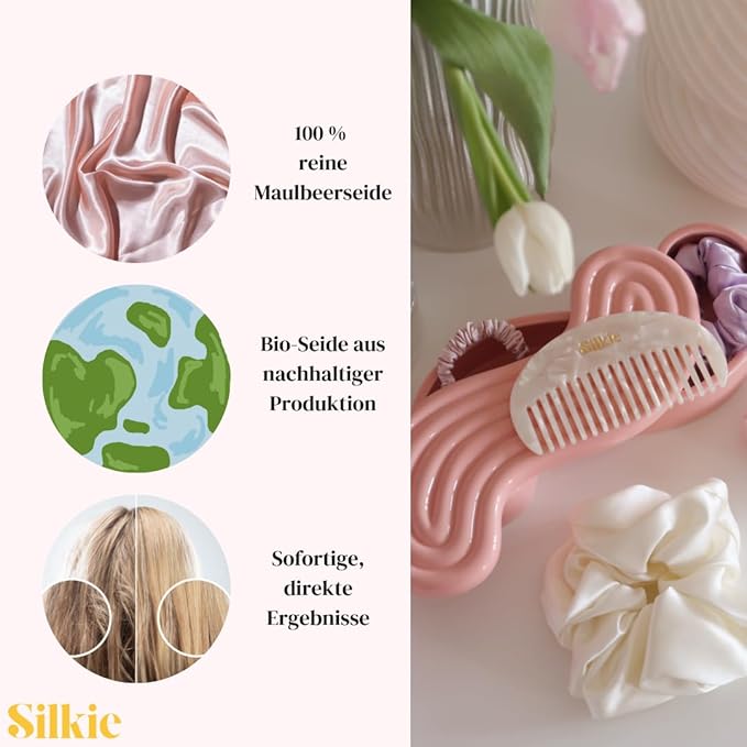 SILKIE x4 Set 100% Pure Mulberry Silk Green Skinny Scrunchies Travel Pouch Everyday Hair Ties Elastics Hair Care Ponytail Holder No Damage (Emerald)