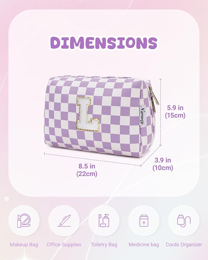 Narwey Birthday Gifts for Women Teen Girls Kids Personalized Initial Makeup Bag Monogram Preppy Cosmetic Bag Trendy Stuff 6 8 10 11 12 13 14 16 18 Years Old Travel Toiletry Bag (Purple Letter L)