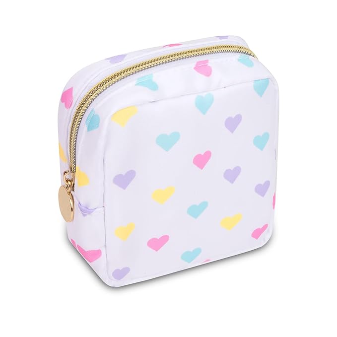 Mini Makeup Pouch for Purse, Nylon Travel Toiletry Organizers Small Cosmetic Bag for Women Girl, Checkered Cute Zipper Coin Purse Preppy Storage Bag for School Work(Mini-White Heart)