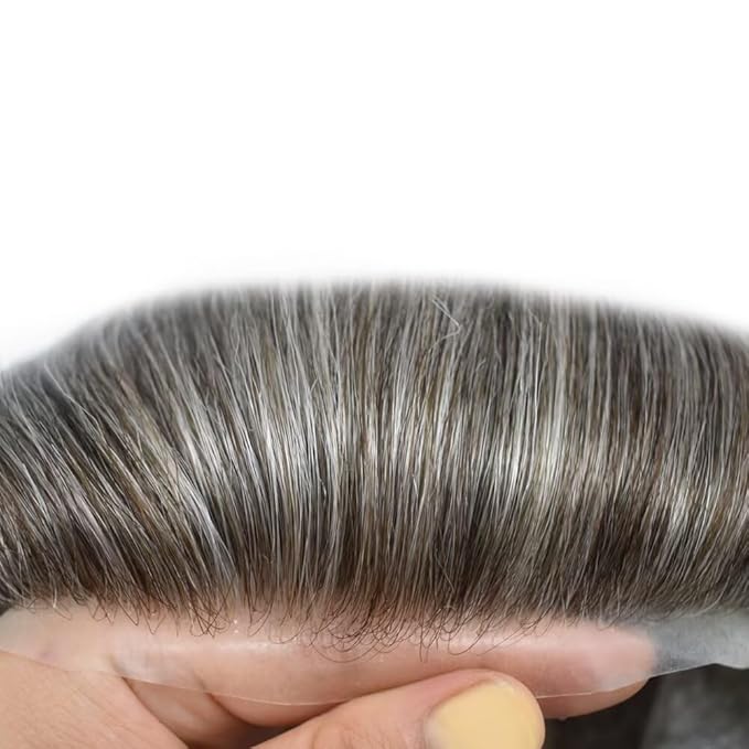 FACE MIRACLE Hair System for Men French Lace Mens Toupee Human Hair Replacement System Lace with PU Toupee for Men Male Hair Piece Wigs 6"X8" #365 Dark Brown with 65% Gray
