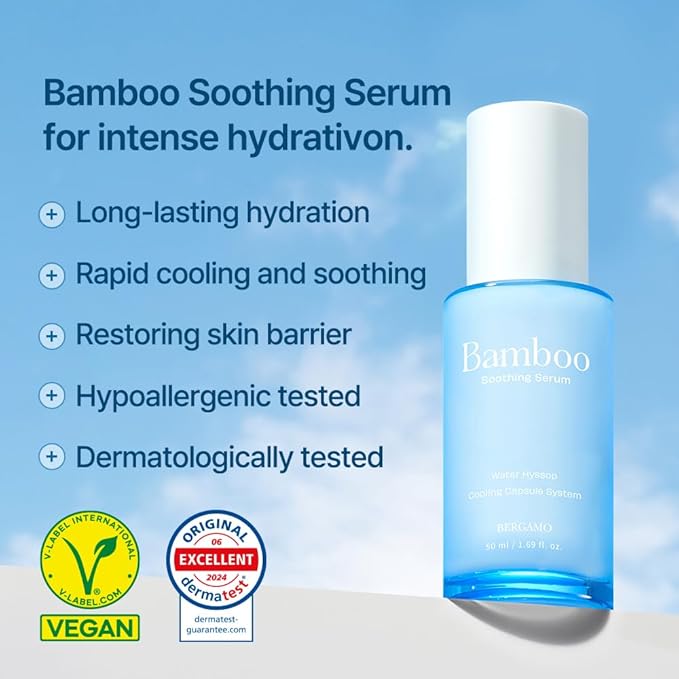BERGAMO Bamboo Soothing Face Serum For Sensitive Skin - Hydrating Face Moisturizer, Lightweight Facial Serum, Vegan Skin Care, Hypoallergenic & Fragrance-Free, Korean Skin Care, 1.69fl.oz, 50ml