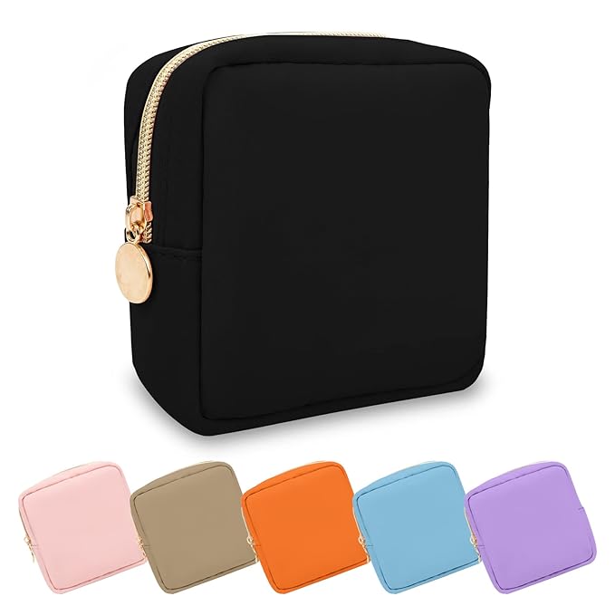 Waterproof Mini Makeup Bag for Purse,Small Cosmetic Pouch Nylon Travel Toiletry Organizers Bag for Women Girls,Cute Zipper Preppy Coin Purse for Work(Mini-Black)