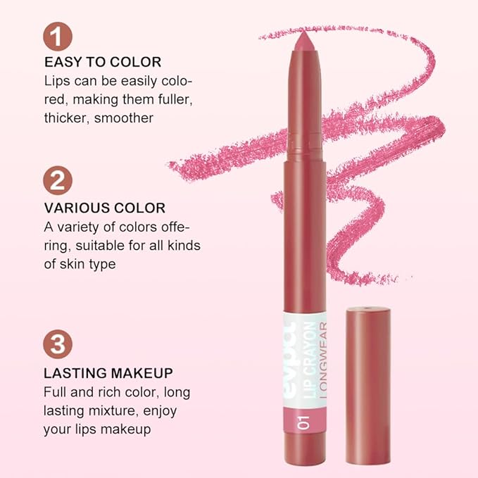 evpct Dusty Pink Lip Liner Crayon Pencils Set for Women, Pink Beige Matte Lip Stick Crayon Long Lasting, Lips Pencil Liner and Lipstick set, Lipliner Pencil, 24 Hours Lipstick Built-in Sharpener 01