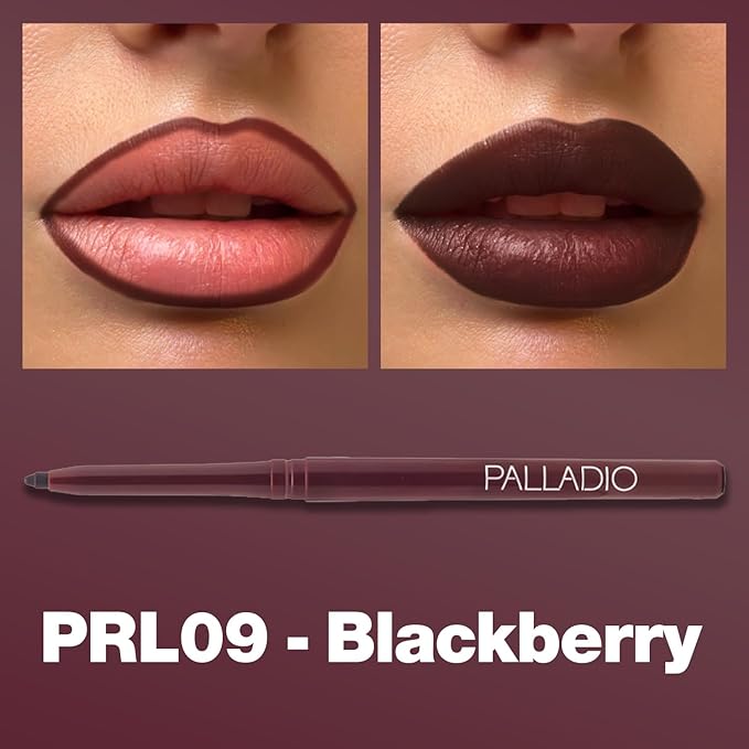 Palladio Retractable Waterproof Lip Liner High Pigmented and Creamy Color Slim Twist Up Smudge Proof Formula with Long Lasting All Day Wear No Sharpener Required, Black Berry