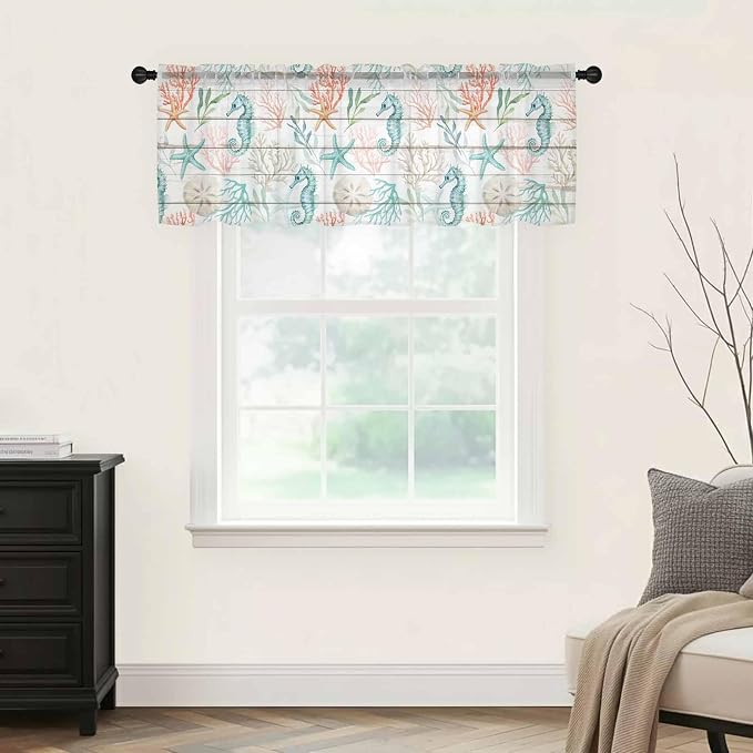Teal Seahorse Starfish Sheer Valance Curtains, Summer Beach Coral Shell Board - Image 5