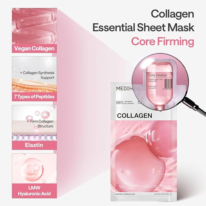 Mediheal Collagen Essential Sheet Mask Core Firming 10 pcs. 98% Vegan Collagen for firming, elasticity, and skin density improvement. Vegan formula