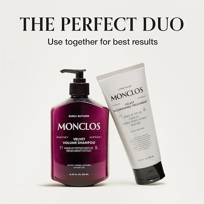 MONCLOS Velvet Shampoo (16.9 fl oz) - Volume Shampoo for Fine and Thinning Hair. Sulfate-Free, Peptide-Infused Formula for Soft, Shiny Hair, and Root Volumizing