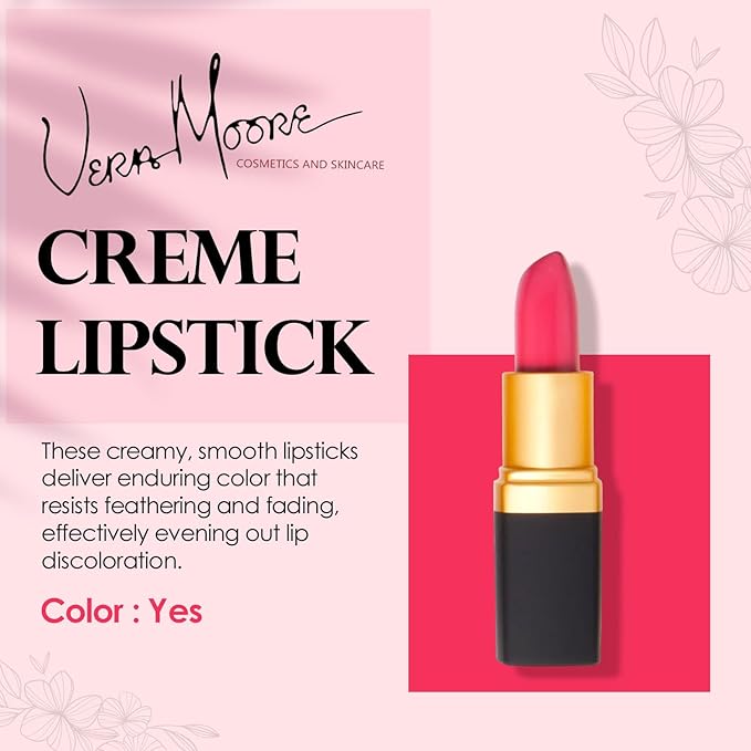 Vera Moore Creme Lipstick, Long Lasting, Lightweight, Moisturizing Opaque Color with Staying Power, Fragrance, and Paraben Free Cosmetics Soft Lipstick (Yes)