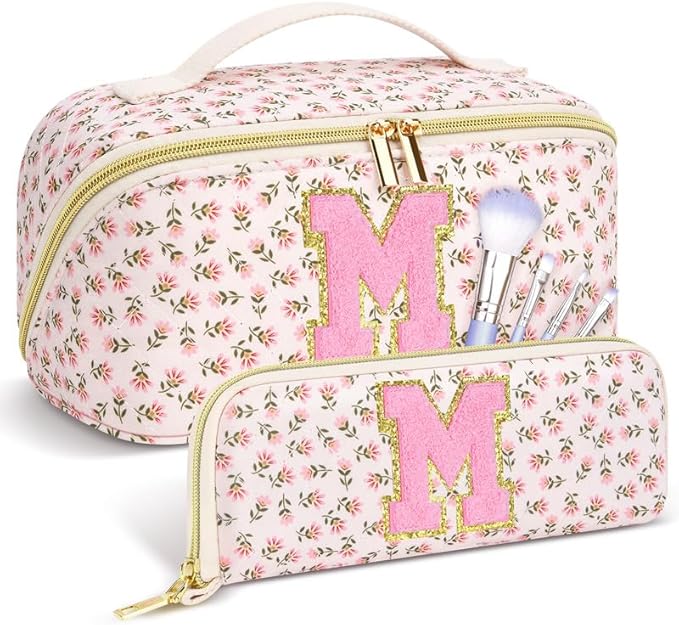 Personalized Travel Makeup Bag Set,Initial Travel Cute Floral Makeup Organizer Bag,Toiletry Skincare Cosmetic Bag,Christmas Gifts for Women/Girls,Open Flat Toiletry Pouch with Brush Pocket-M