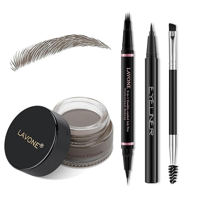 Eyebrow Pencil Makeup Kit, with Waterproof 2-IN-1 Microblading Eyebrow Pen, Eyebrow Pomade, Eyeliner and Dual-ended Eyebrow Brush, Brow Pencil Kit for Natural Eyebrows - Grey