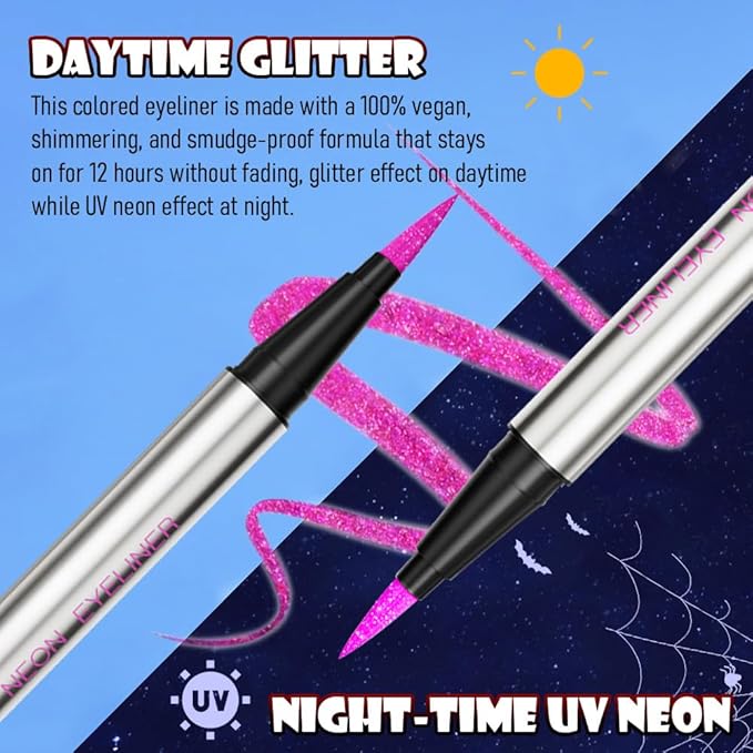 evpct Purple Shimmer Eyeliner UV Neon Gel Eyeliner Pencil Makeup, Rainbow Halloween Colored Colorful Gel Eye Liner Pen Glow in Dark Makeup, Long Lasting Waterproof Eyeliners for Face Body Painting