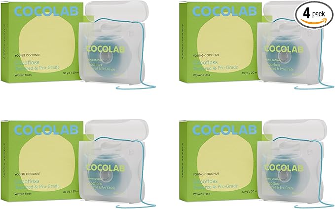 Cocolab Woven Dental Floss, Dentist-Designed Oral Care, Coconut Scent, Waxed, Expanding, Kid-Friendly String Floss with Coconut Oil, 4 Spools (33 yd Each)