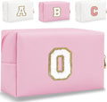 Small Personalized Letter Makeup Bag, Cute PU Leather Chenille Letters Cosmetic Bag Travel Makeup Pouch, Preppy Travel Organizer Zipper Pouch for Women&Girls（Pink-O）