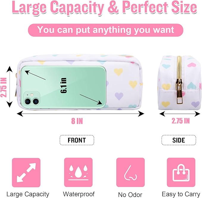 Nylon Small Makeup Bag, Slim Pink Makeup Brush Case, Preppy Cosmetic Zipper Pouch for Purse, Travel Toiletry Bag Clutch Coin Pouch Makeup Organizer for Women Girls (White Heart)