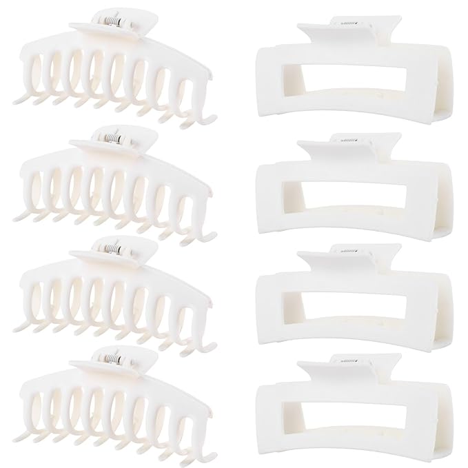 White Hair Clips for Women - 8 Pack 4.3 Inch Large Matte Banana Claw Clips for Women Thin Thick Curly Hair, Big Strong Hold jaw