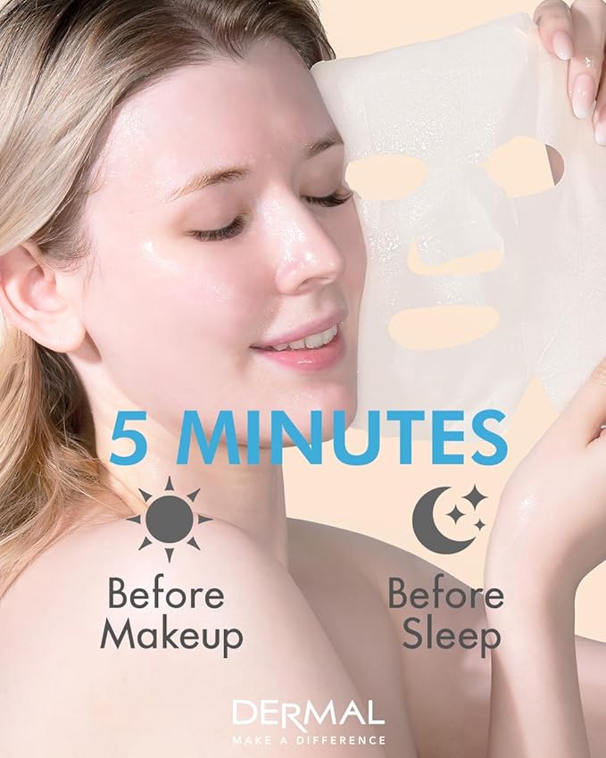 DERMAL Hyaluronate Collagen Essence Facial Mask Sheet 23g Pack of 10 - Hydro Boost Moisturizing for Dry Skin, Smoothing Fine Lines Wrinkles, Daily Skin Treatment Solution Sheet Mask