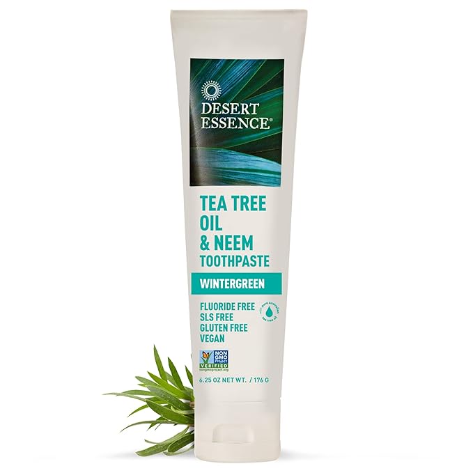 Desert Essence Tea Tree Oil & Neem Toothpaste - Fluoride-Free, Gluten-Free, SLS Free Formula - Vegan, Herbal Toothpaste for Plaque Reduction - Wintergreen Flavor, 6.25 oz