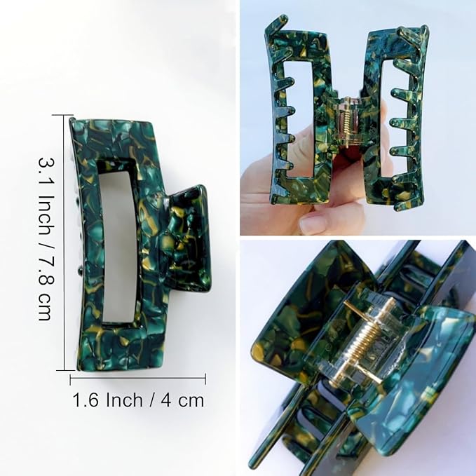 3 inch Hair Claw Clips Cutout Tortoise Shell Celluloid Jaw Clip French Design Rectangle Claw Clamp for Thin, Curly, Thick Hair Non Slip Banana Clips for Women Ladies Mother (2 Pack)