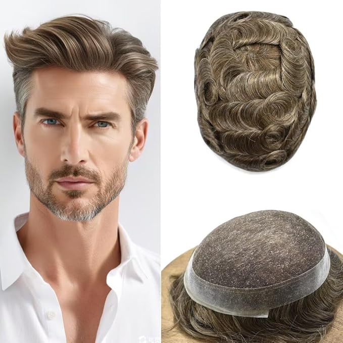 FACE MIRACLE Hair System for Men French Lace Mens Toupee Human Hair Replacement System Lace with PU Toupee for Men Male Hair Piece Wigs 6"X9" #740 7# VERY LIGHT BROWN WITH 40% SYNTHETIC GREY