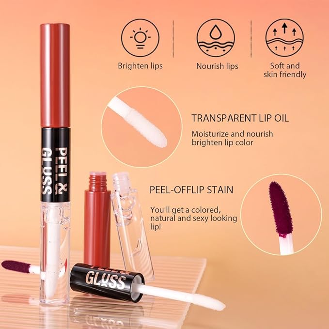 Light Orange Peel off Lip Stain Lip Oil Dual Ended Combo Set with Tweezer, 2 in 1 Lips Liner Stain Oil Long Lasting Waterproof, High Pigmented Flawless Lips Tint Stick Not Faded Vegan & Cruelty-free