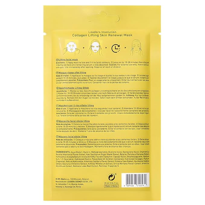 Leaders Insolution Collagen Lifting Skin Renewal Mask | Marine Collagen for Firmness and Elasticity Anti-Wrinkle, Sculpting Facial Sheet | Hydrating Serum for Smooth Skin (5 Sheets)