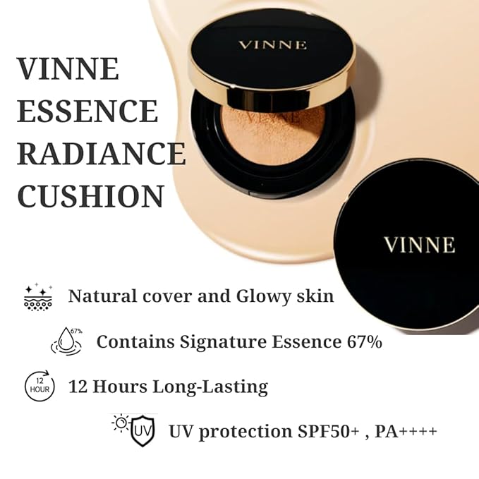 VINNE Korean Cushion Foundation, Lightweight Essence Makeup Natural and Dewy Finish, 12-Hour Lasting Effect, 0.42 Oz - #23 Natural Beige (Refill Not Included)