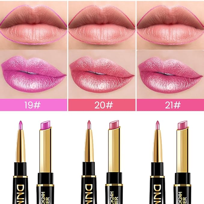 BINGBRUSH 3Pcs Double Ended Vivid Fuchsia Natural Pink Rose Metallic Lip Liner and Lipstick Makeup Combo Set for Women, Lipliner 24 Hours Original Waterproof Long Lasting Lip Stains Pencil Kit Set
