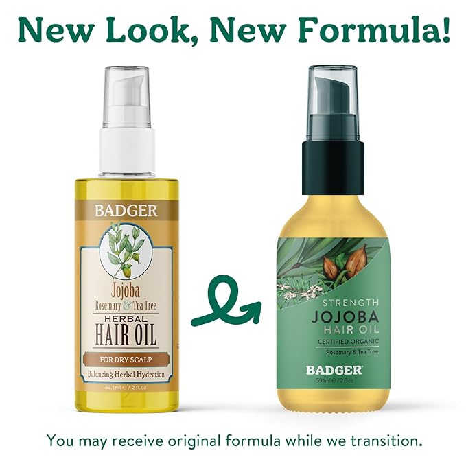 Badger Organic Jojoba Hair Oil & Dry Scalp Treatment, Soothing & Moisturizing Itchy Dry Scalp Oil, Rosemary Hair Oil, Organic Jojoba Oil Hair & Scalp Moisturizer, 2 fl oz Glass Bottle