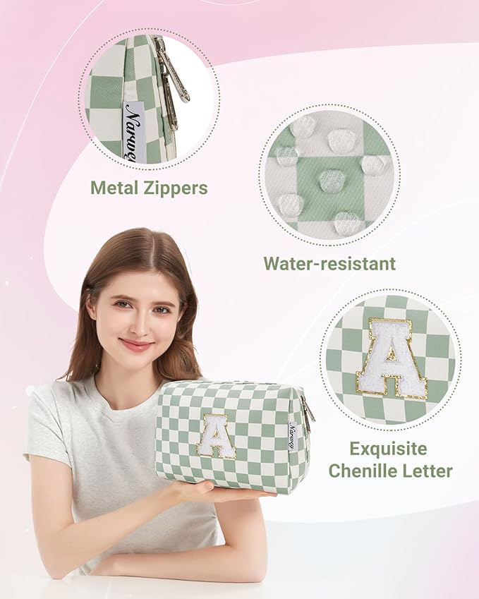 Narwey Christmas Gifts Initial Makeup Bag for Teen Girls Kids Trendy Stuff 6 8 10 11 12 13 14 16 18 Years Old, Personalized Monogram Cosmetic Toiletry Bag, Birthday Gifts for Women Tween (Green A)