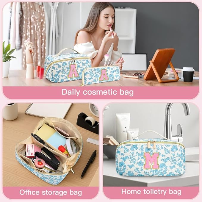 Personalized Travel Makeup Bag Set,Initial Travel Cute Floral Makeup Organizer Bag,Toiletry Skincare Cosmetic Bag,Christmas Gifts for Women/Girls,Open Flat Toiletry Pouch with Brush Pocket-K
