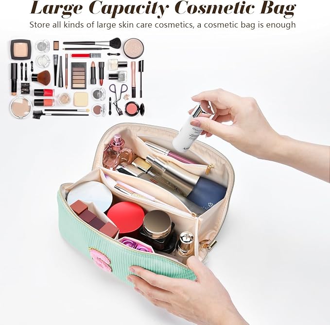 Personalized Initial Makeup Bag,Christmas Gifts for Girl,Preppy Bag Cosmetic Travel Bag Women,Travel Toiletry Organizer,Large Capacity Corduroy Stuff Bag,Cute Cosmetic Pouch Skincare Bag-U