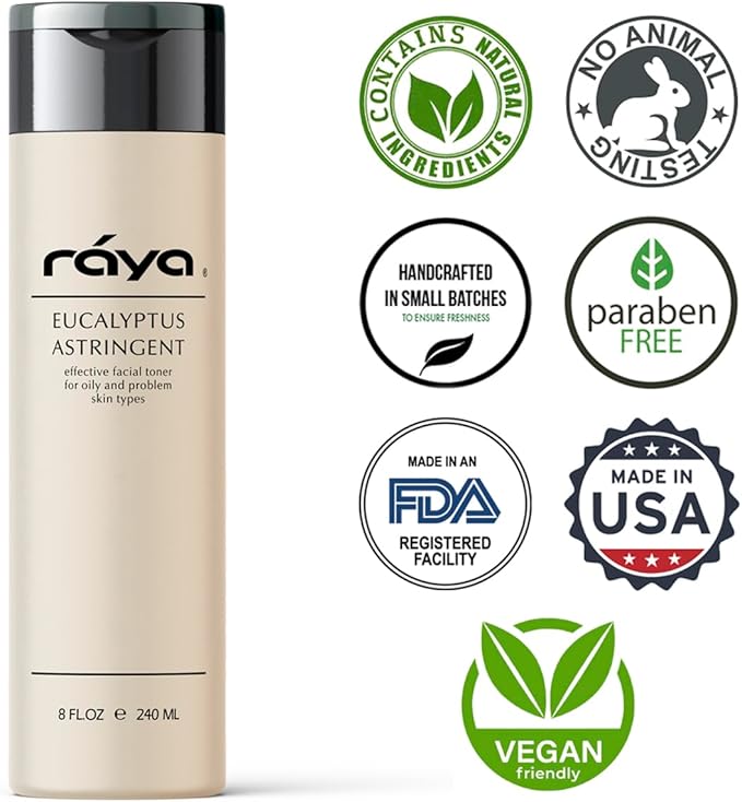 RAYA Eucalyptus Astringent with AHA 8 oz (G-207) | Exfoliating Glycolic Facial Toner for Oily and Break-Out Skin | Helps Balance pH and Dry Up Blemishes | Made with Alpha Hydroxy Acids