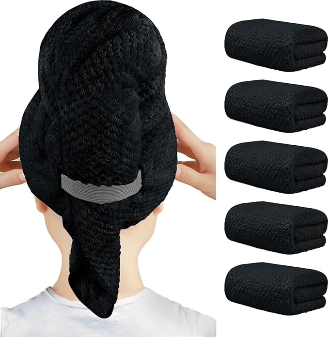HOMEXCEL 5 Pack Large Microfiber Hair Towel Wrap for Women, Black- 40 x 20 inches Super Soft, Fast Drying Turbans for Long, Thick, Curly Hair - Anti Frizz Wrap with Elastic Strap