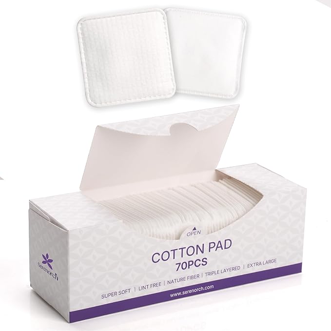100% Cotton Pads 70PCS, 3x3 Inch Extra Large Triple-Layer Makeup Remover Pads, Soft Lint-Free Cotton Pads for Face Cleansing & Skincare