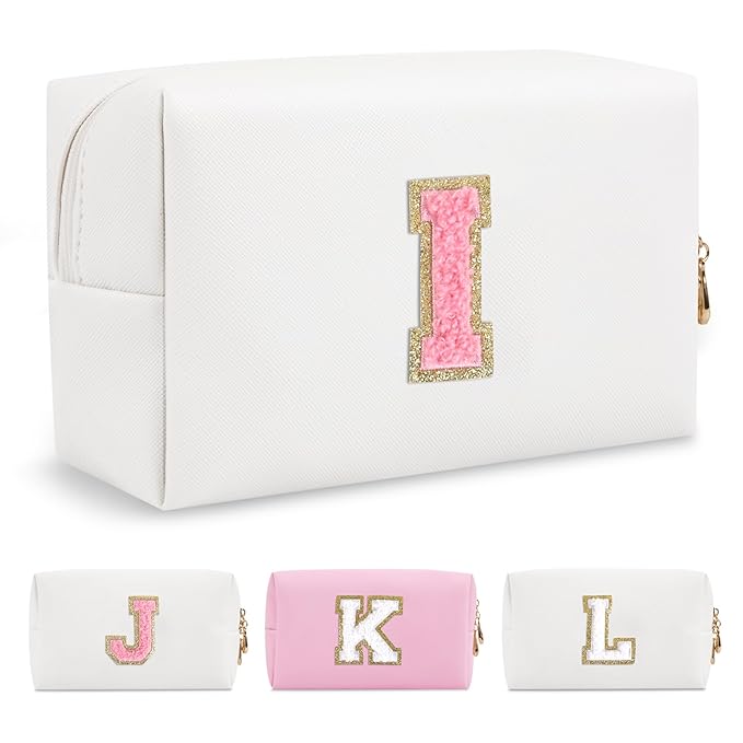 Personalized Makeup Bag Initial A-Z Preppy Patch Bag,Small PU Leather Travel Cosmetic Bag Pouch with Zipper,White Cute Toiletry Bag,Gift Ideal for Teen Girls Women Birthday Friend Mom,Letter I