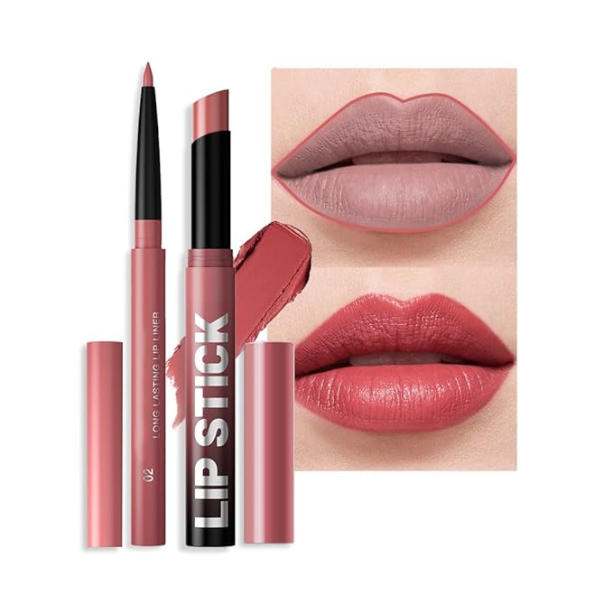 AMY'S DIARY 2Pcs Red Lipstick and Lip Liner Combo, Lip Liner and Lip Stick Kit for Women, Matte Lip Pencil and Smooth Hydrating Lipstick, Non-Stick Lip Makeup Set (02#Warm Rosewood)