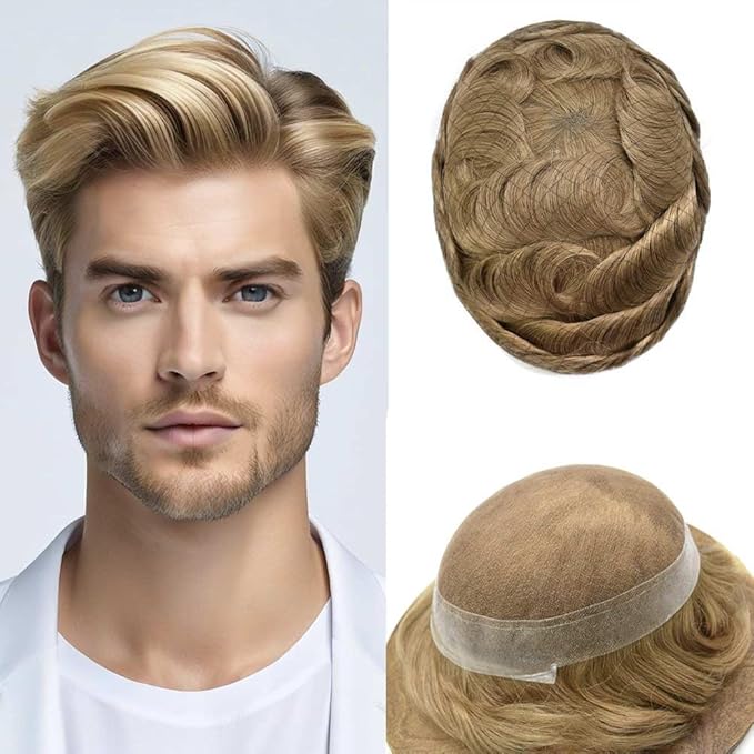 FACE MIRACLE Hair System for Men French Lace Mens Toupee Human Hair Replacement System Lace with PU Toupee for Men Male Hair Piece Wigs 6"X9" #20 light ash blonde