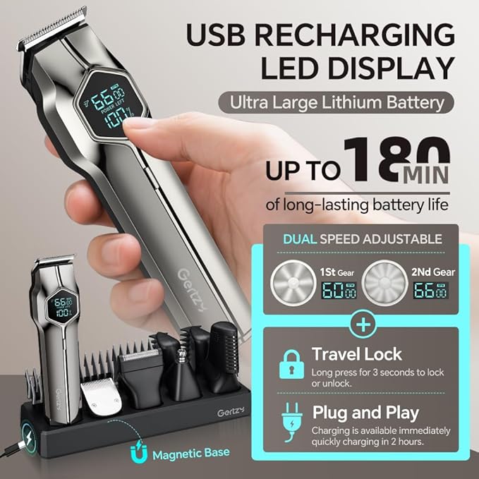 5-in-1 Electric Beard Trimmer Body Hair Trimmer Kit, Professional Cordless Hair Clippers for Men Rechargeable, IPX7 Waterproof Mens Grooming Kit for Face, Mustache, Body, Nose, Gifts for Men (Silver)