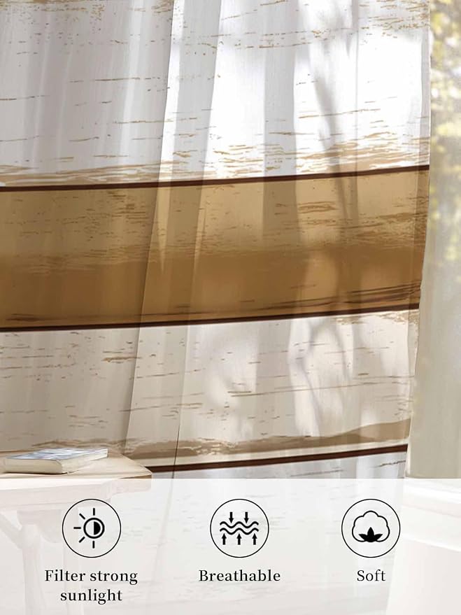 Sheer Curtains 63 Inch Length, Vintage Country Geometric Striped Privacy Voile - Image 6