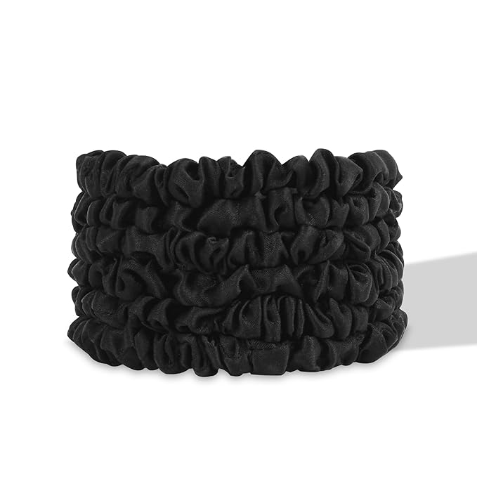SILKIE x6 Set 100% Pure Mulberry Silk Black Noir Dark Midnight Neutral Skinny Scrunchies Travel Pouch Everyday Hair Ties Elastics Hair Care Ponytail Holder No Damage (Midnight)