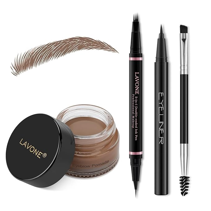 LAVONE Eyebrow Pencil Makeup Kit, with Waterproof 2-IN-1 Microblading Eyebrow Pen, Eyebrow Pomade, Eyeliner and Dual-ended Eyebrow Brush, Brow Pencil Kit for Natural Eyebrows - Chocolate