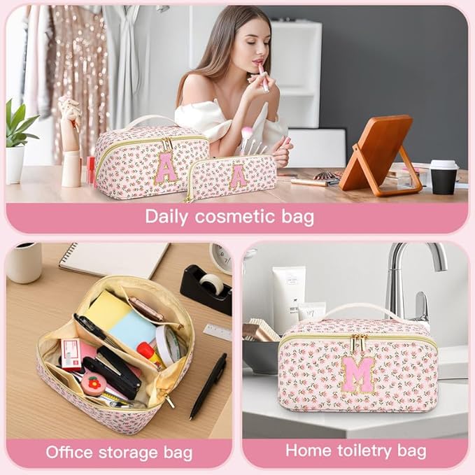 Personalized Travel Makeup Bag Set,Initial Travel Cute Floral Makeup Organizer Bag,Toiletry Skincare Cosmetic Bag,Christmas Gifts for Women/Girls,Open Flat Toiletry Pouch with Brush Pocket-E