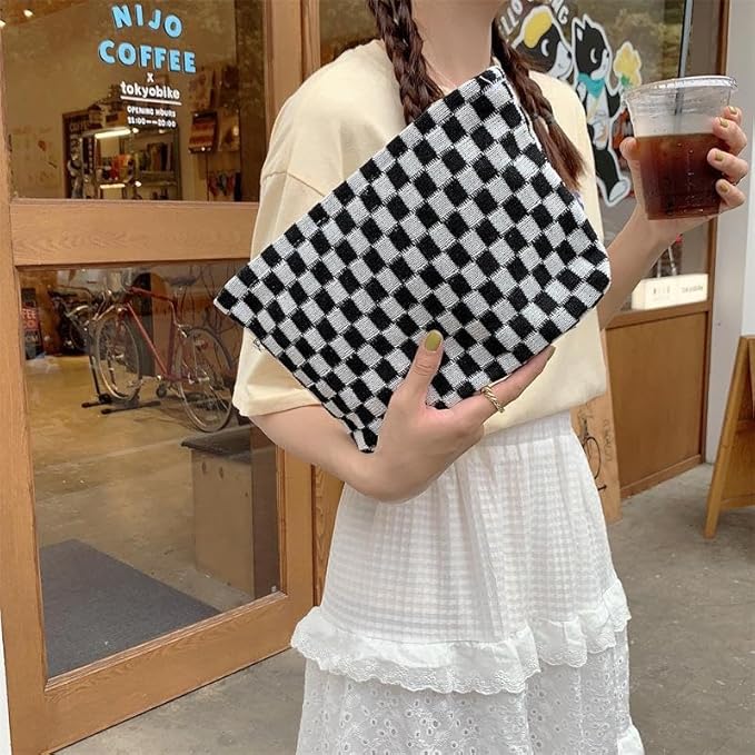 PAZIMIIK Knitted Checkered Makeup Bag Large Zipper Make Up Accessory Pouch for Purse Cosmetic Brush Bag for Travel Essential,Black