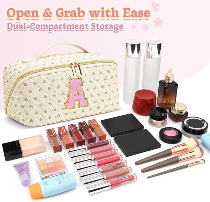 Personalized Travel Makeup Bag Set,Initial Travel Cute Floral Makeup Organizer Bag,Toiletry Skincare Cosmetic Bag,Christmas Gifts for Women/Girls,Open Flat Toiletry Pouch with Brush Pocket-D