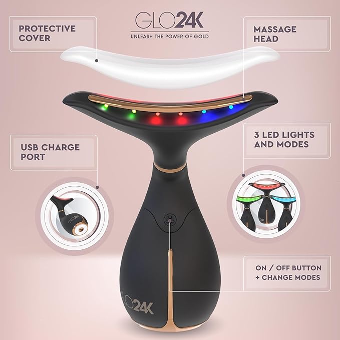 GLO24K Red Light Beauty Device for Face & Neck – 2-Pack, 3-in-1 Facial and Neck Massager with Triple LED & Vibration Technology