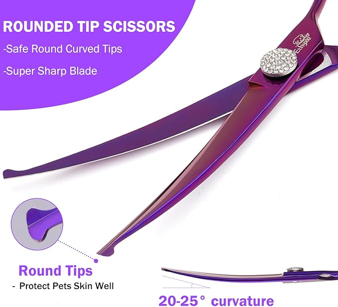 7" Curved Dog Grooming Scissors – Professional 440C Stainless Steel Pet Shears with Safety Round Tips and Sharp Blades for Body Facial Nose Ear and Paw Hair Easy Use